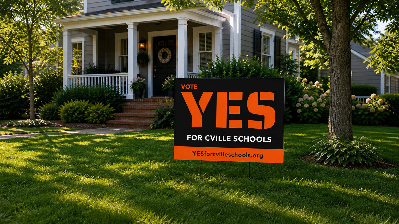 A black and orange Vote YES for Cville Schools yard sign in front of a home